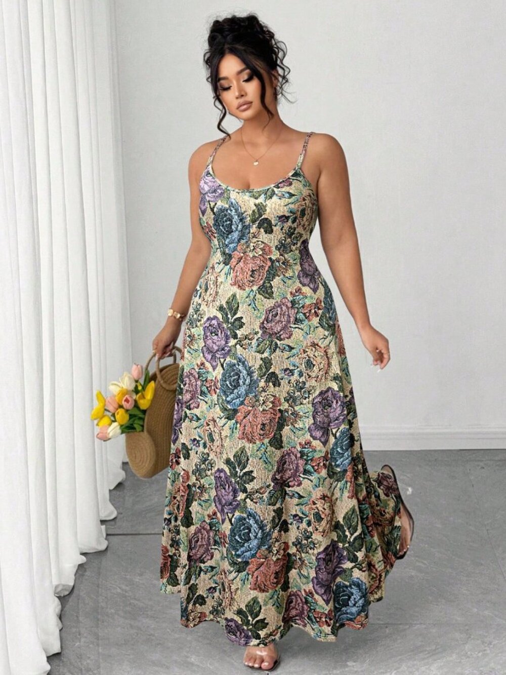 SHEIN Plus 2XL Vintage Floral Mesh Maxi Slip Dress